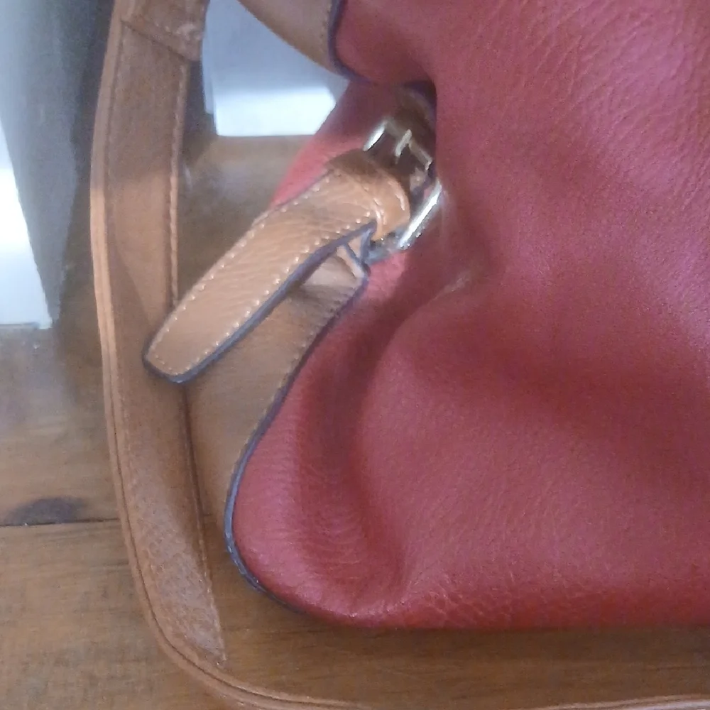 Michael Kors Red and Tan Shoulder Bag with Metallic Accents Double Handles